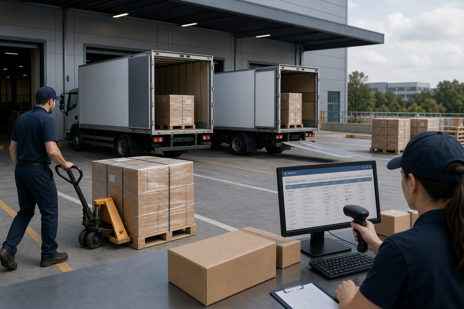 Regional logistics scene with box trucks at a loading dock, palletized materials being scanned, and dispatch coordination screens in a warehouse operations setting