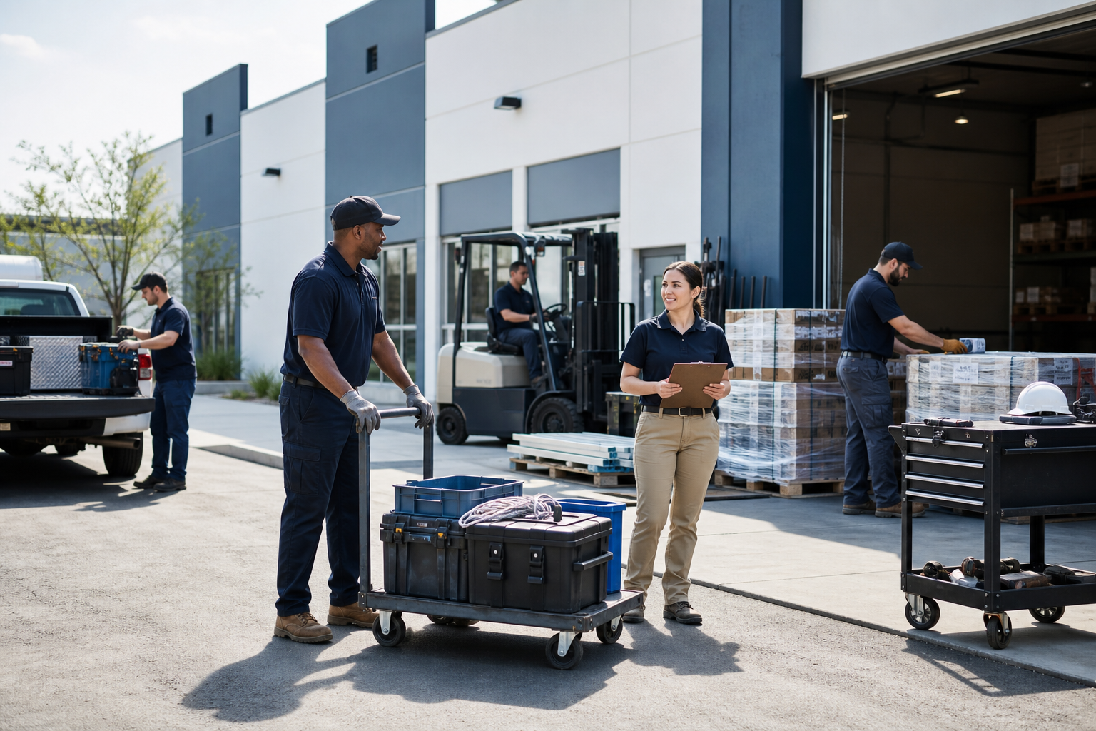 Small commercial crew and material supplier team coordinating staged equipment and service tasks at a light industrial facility