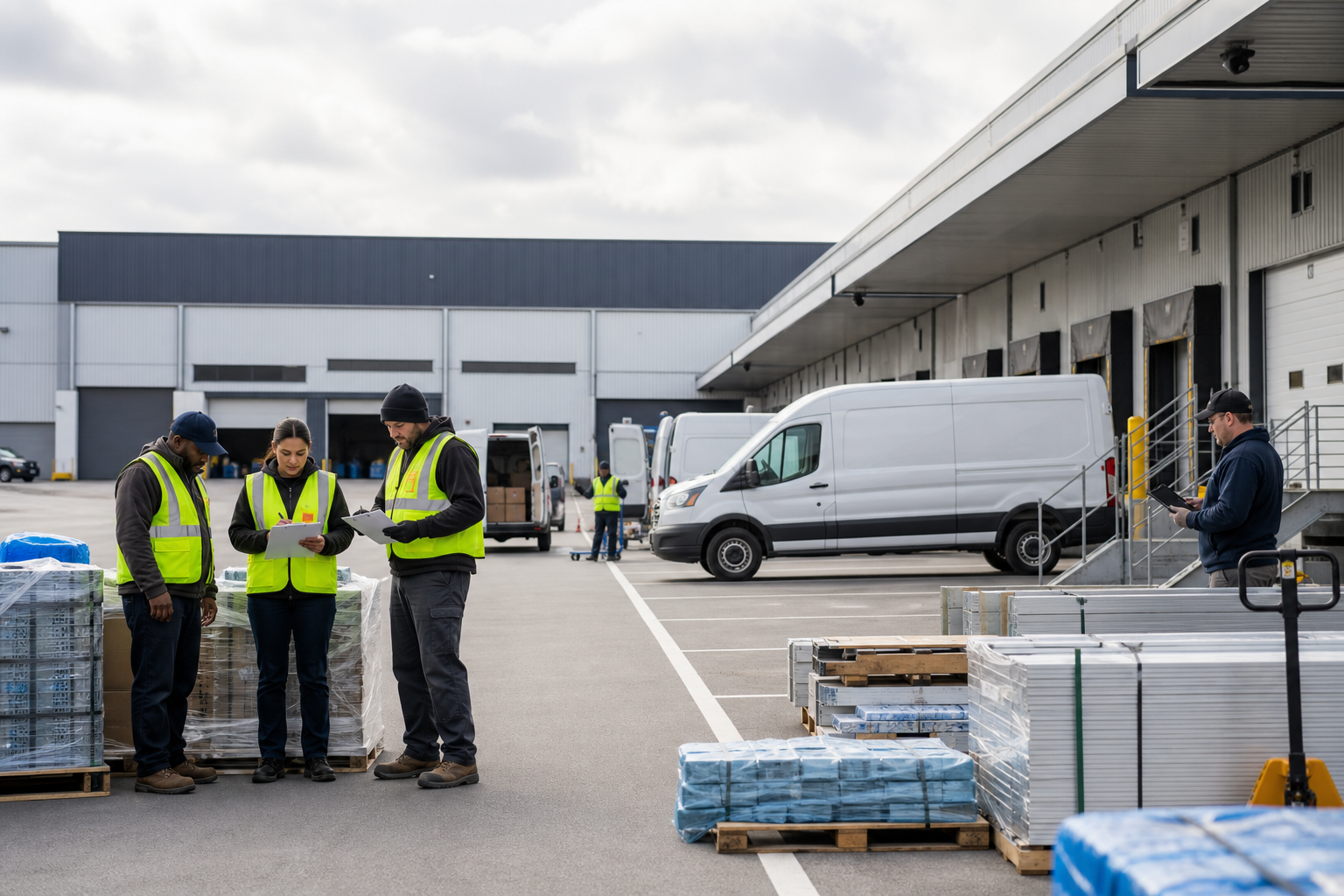 Operations team coordinating palletized supplies, subcontractor scheduling, and service logistics at an active commercial distribution yard