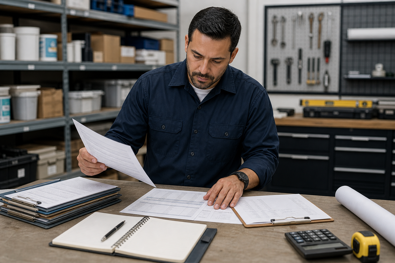 Field-service contractor reviewing scope sheets, licensing records, and pricing notes beside stocked materials in an operations workspace