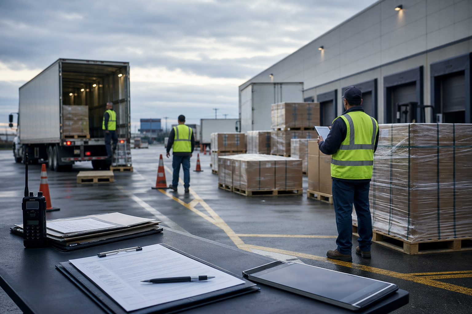 Organized commercial loading and staging area with unlabeled palletized supplies, safety-marked lanes, and coordinated subcontractor logistics activity