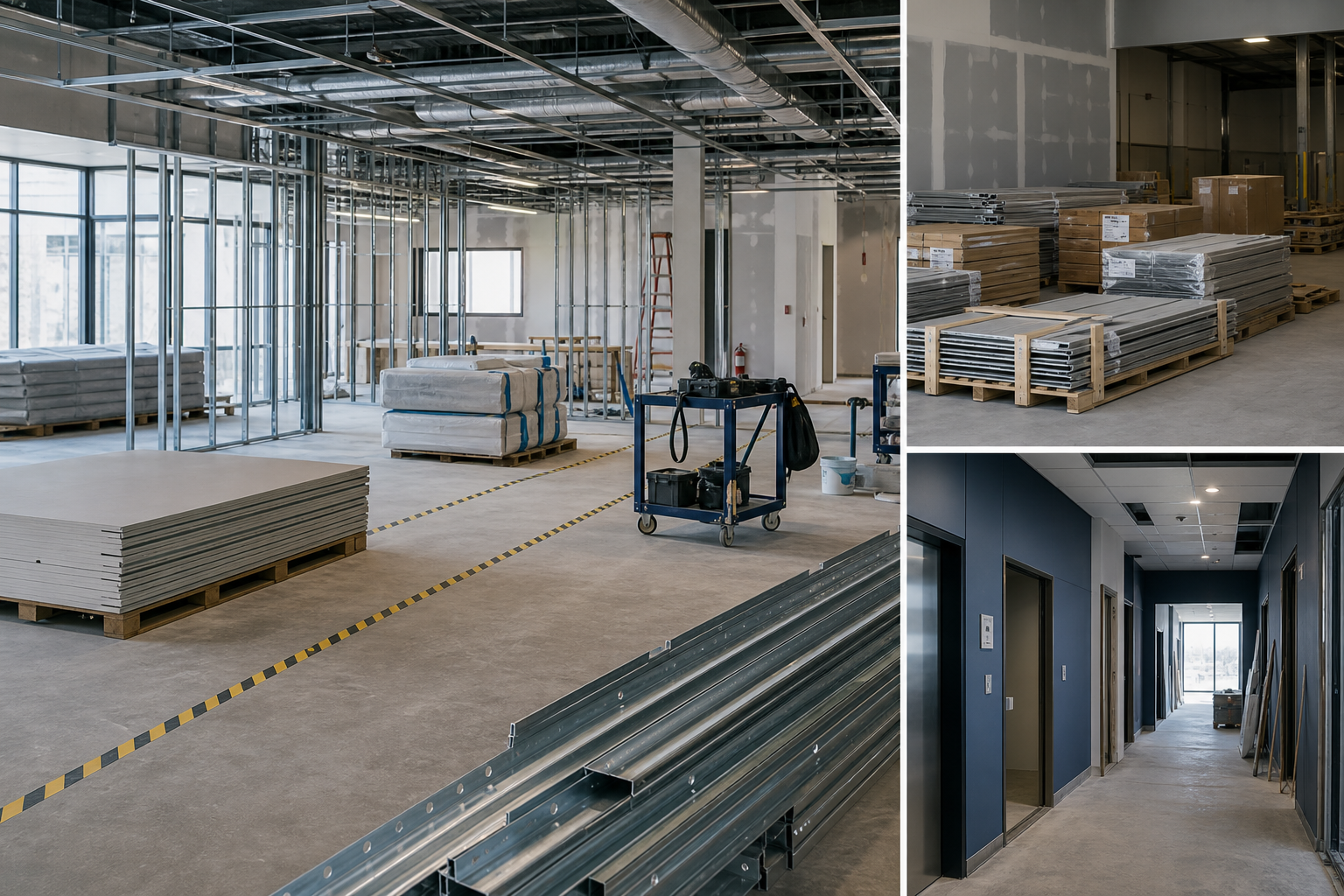 Active light construction and specialty trade environment with materials staging, workers reviewing scope sheets, and organized commercial supply pallets in a distribution bay
