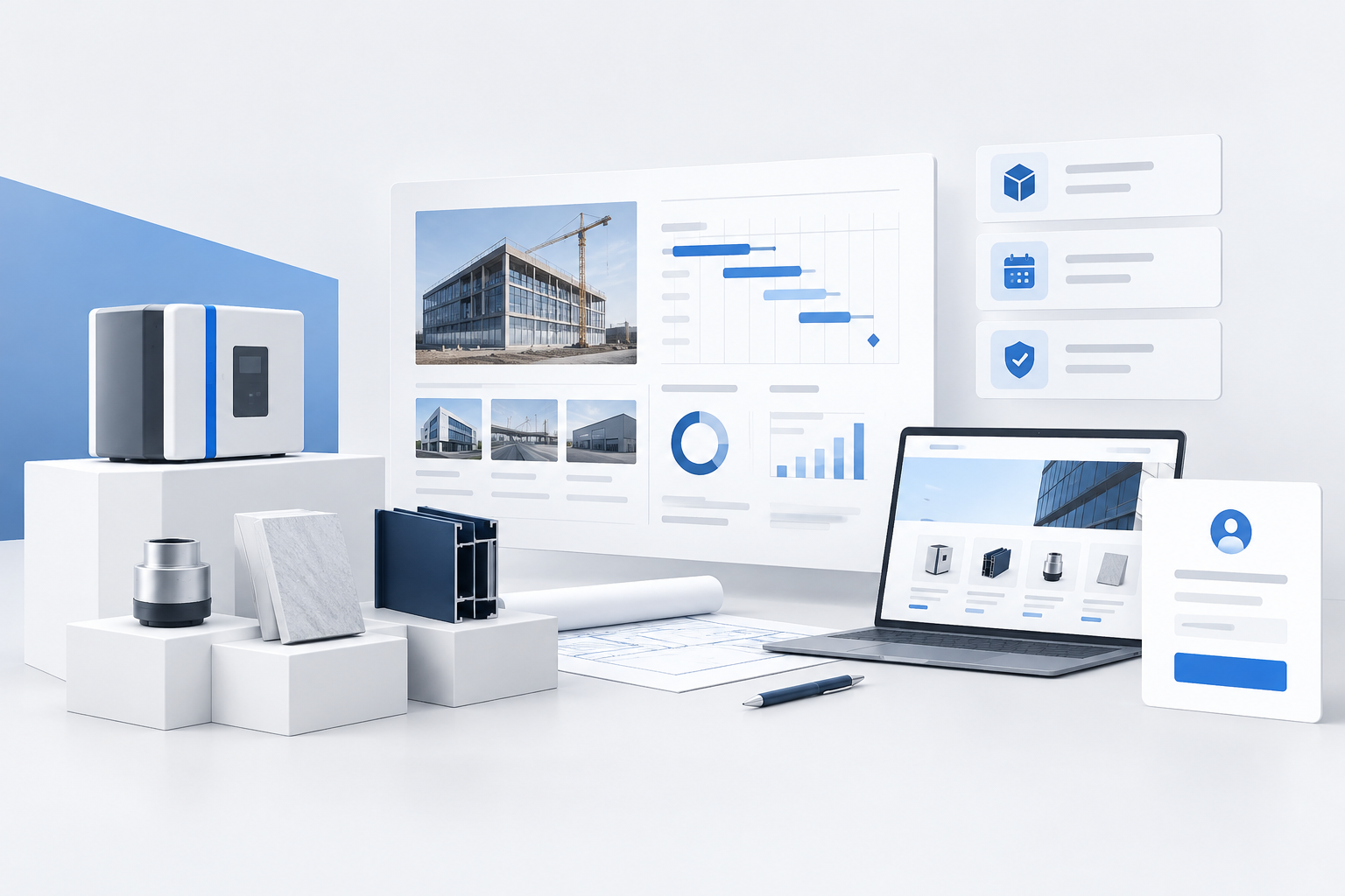 Refined business and product illustration with geometric product blocks, a project plan board, and clean corporate interface elements