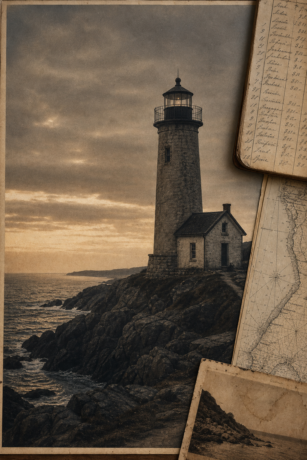 A faded archival photograph of a northern coast lighthouse with handwritten keeper notes and a sketched shoreline map