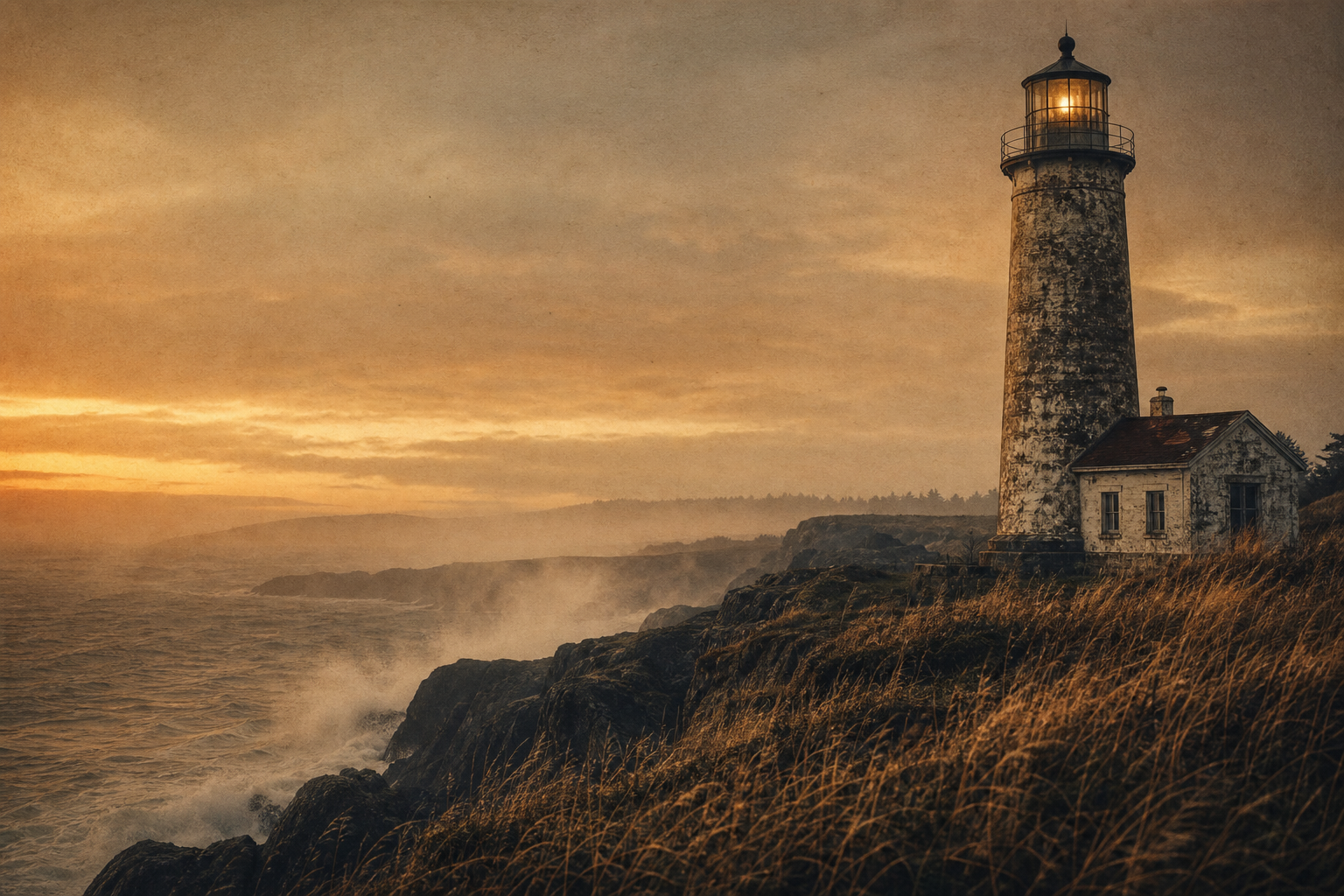 Historic lighthouse on a rugged northern shoreline at dusk, with sea haze, weathered stone, and warm film-photography texture