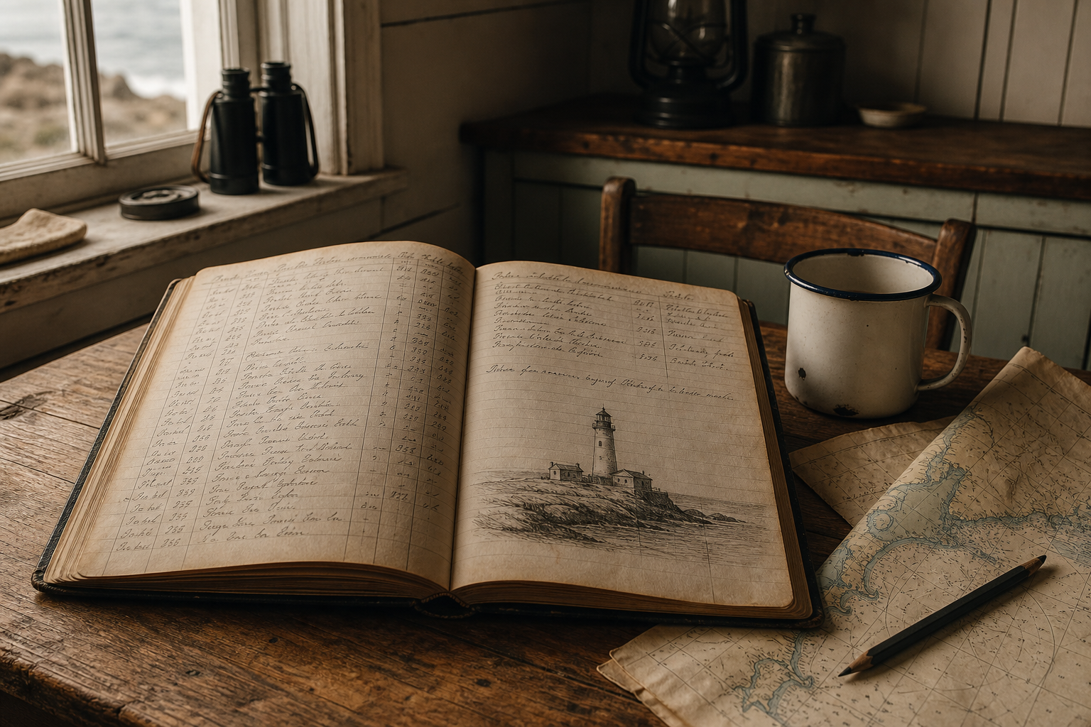 Open keeper logbook on a wooden kitchen table with enamel mug and sea chart
