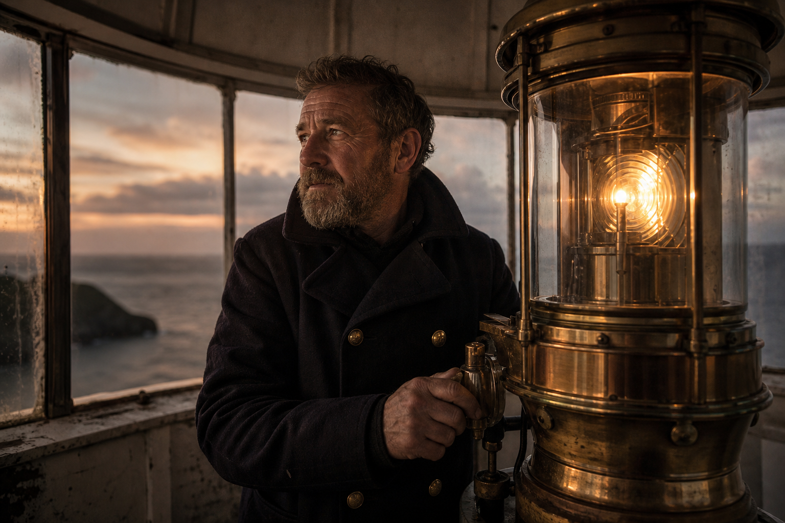 Middle-aged lighthouse keeper in wool coat beside a brass lantern at dusk