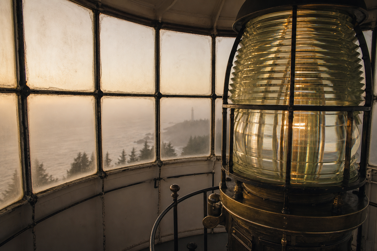 Lantern room interior with frosted panes and polished brass mechanism