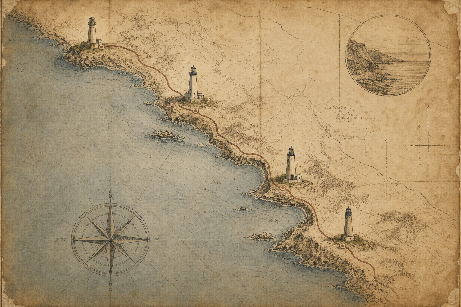 Preserved northern coast lighthouse map with warm paper texture and tower markers