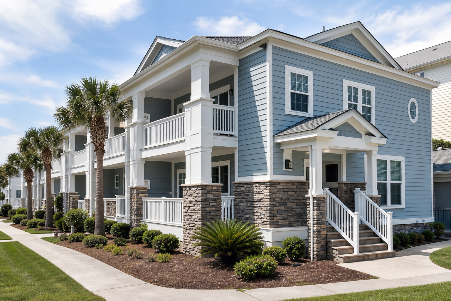 Wide view of a renovated multi-unit property exterior with refreshed siding, clean landscaping edges, and updated entry points in daylight