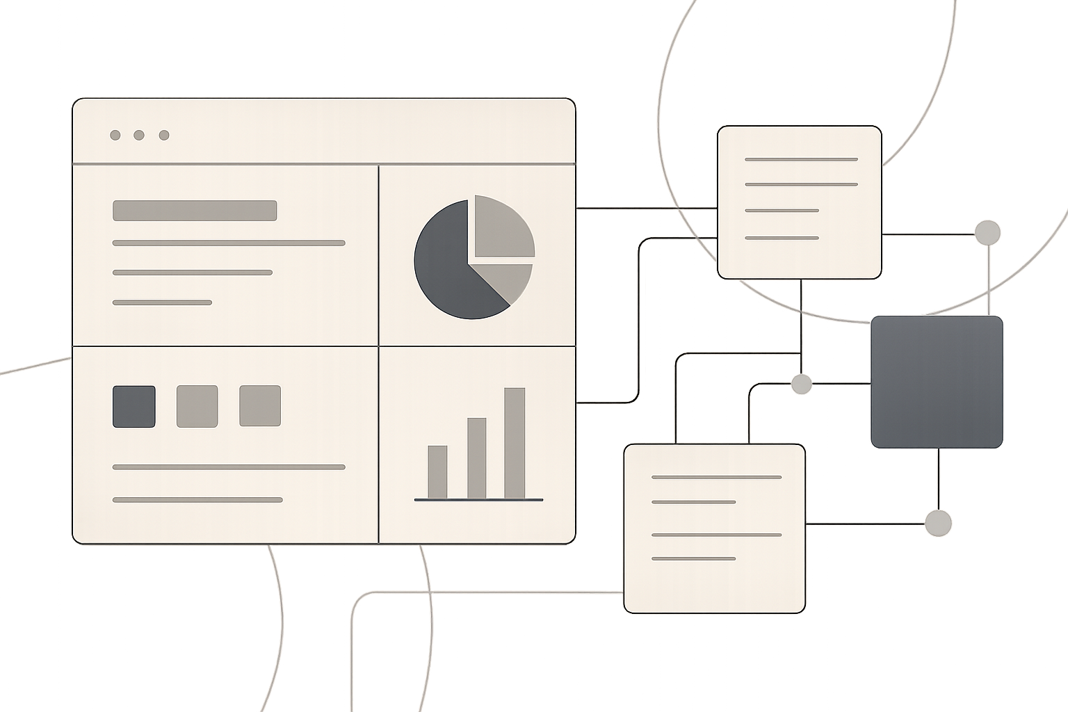 Abstract enterprise systems interface with modular dashboards, architecture nodes, and delivery workflow lines