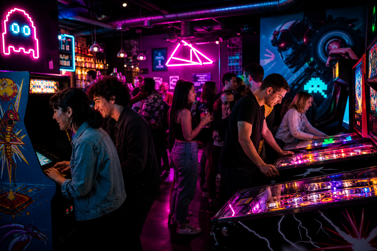 Energetic arcade bar crowd playing classic cabinets under magenta and cyan neon lighting