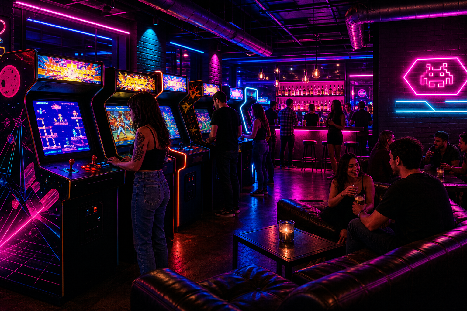 Neon-lit arcade lounge with classic cabinets, glowing magenta and cyan lights, and a lively nighttime crowd