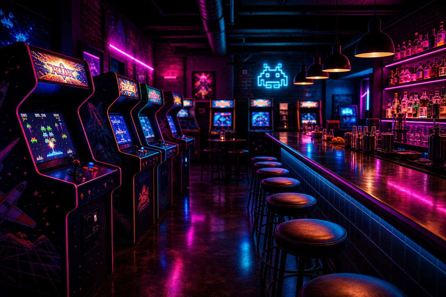 A vibrant retro arcade bar interior with glowing neon magenta and cyan lights, rows of classic arcade cabinets, and a polished bar counter