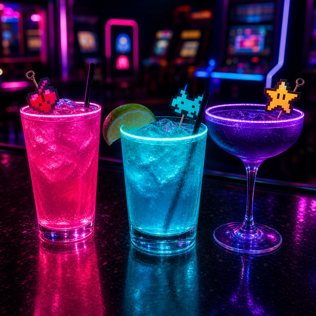 Three glowing neon cocktails in magenta, cyan, and deep violet hues on a dark bar top