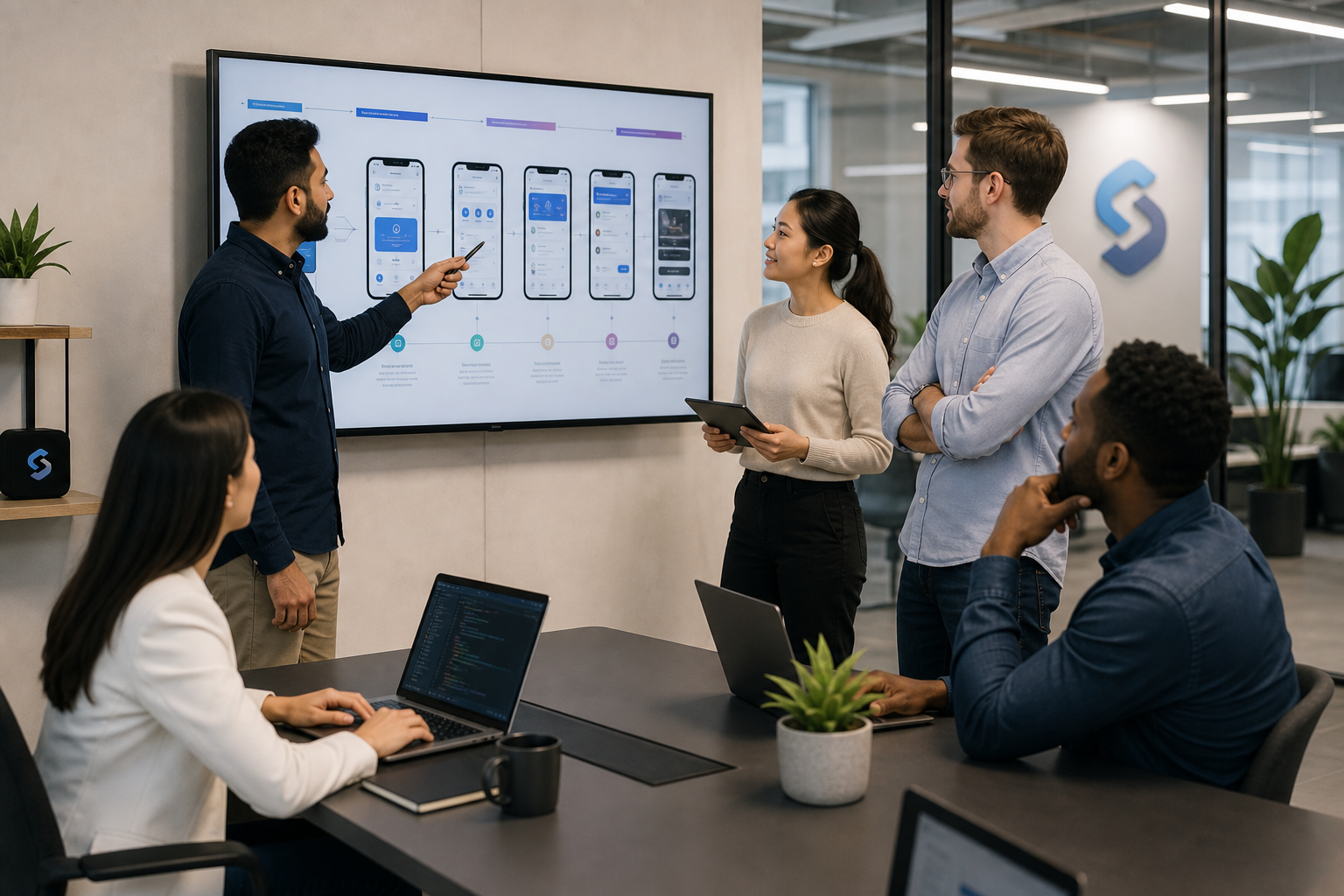 Professional mobile app team reviewing product roadmap on a large screen in a modern office