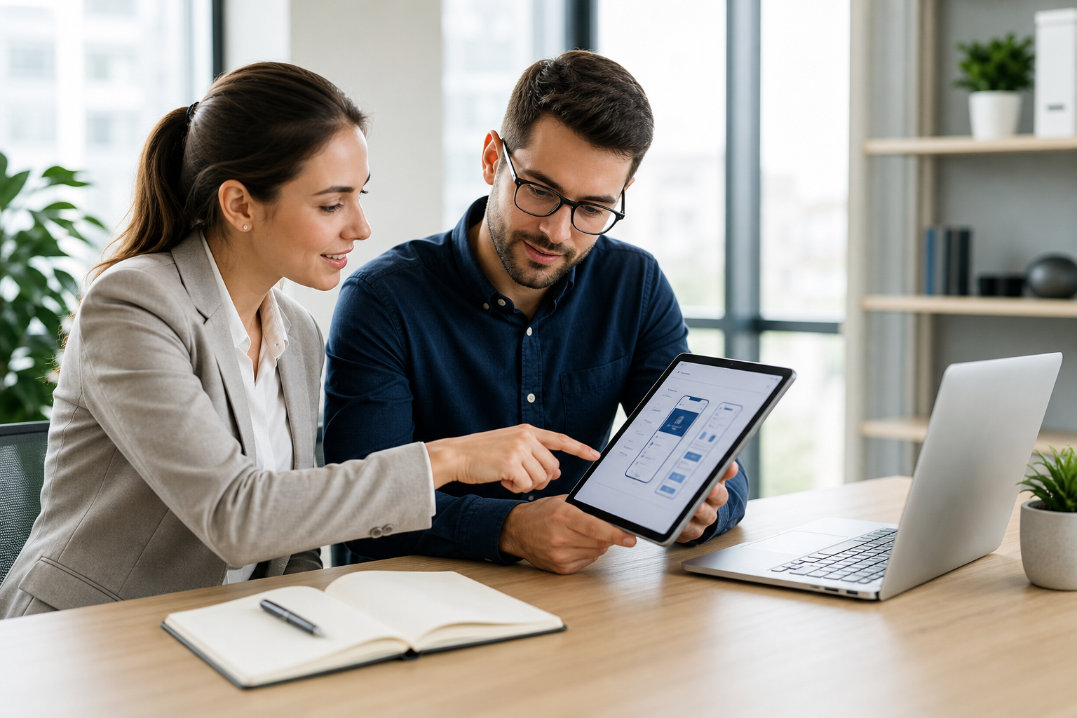 Product team reviewing a mobile app interface on a tablet with a clean office setting
