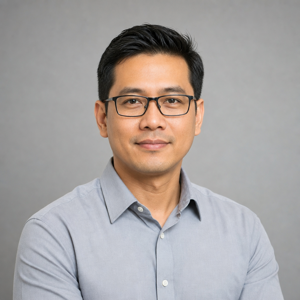 Professional headshot of Marcus Reed, a man with short hair and glasses wearing a light gray shirt