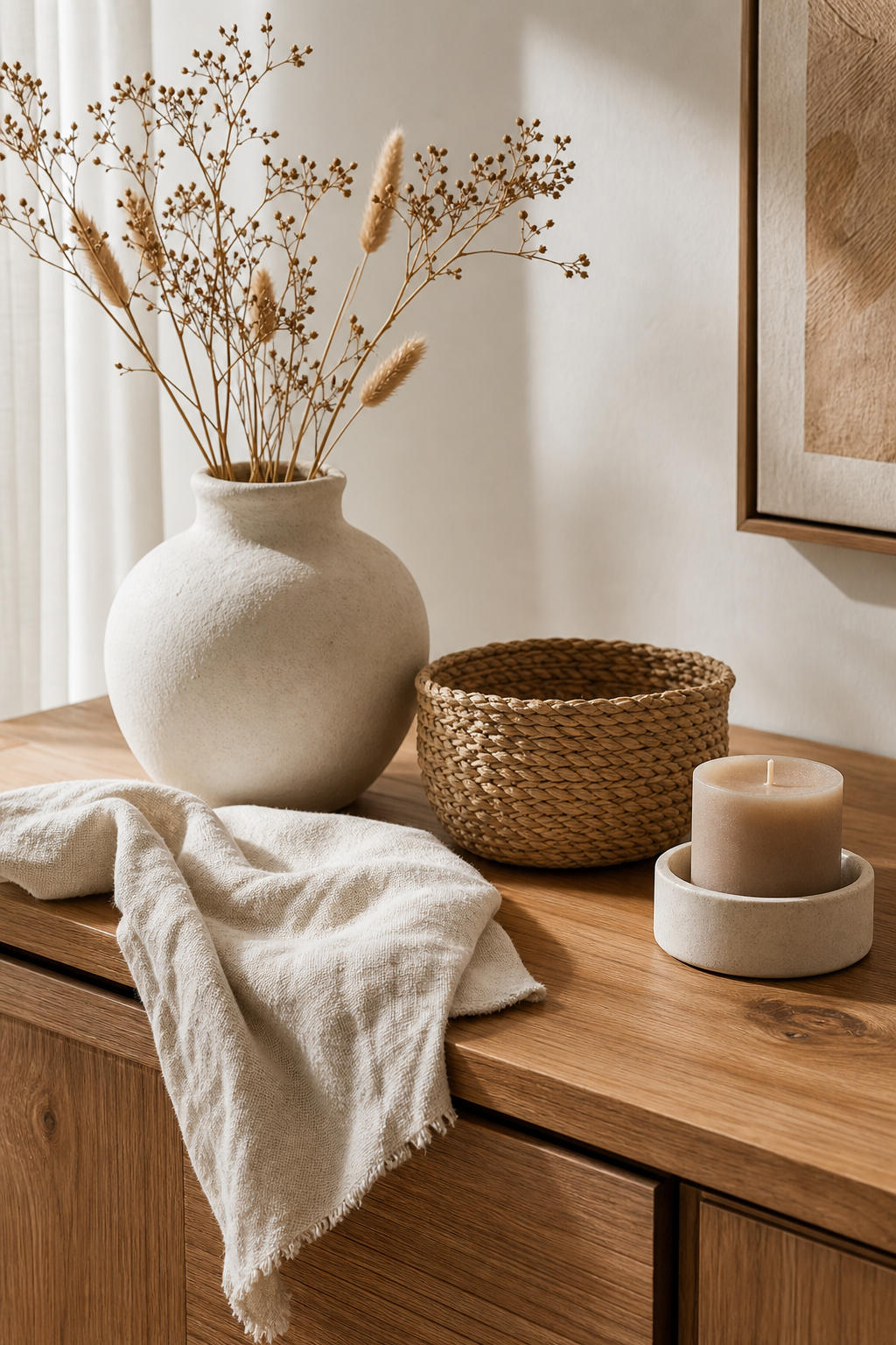 Styled still-life scene with a ceramic vase, woven basket, linen cloth, and candle on a warm wooden console in a soft natural-light interior