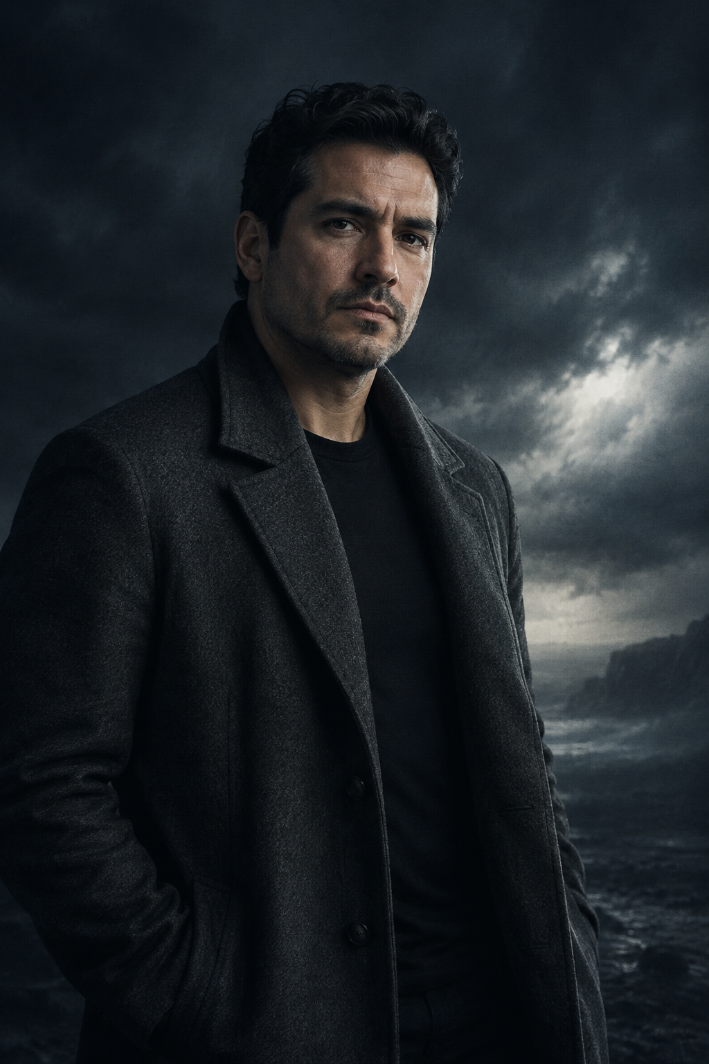 Moody cinematic portrait of author Alexis Juarez in low-key lighting, serious expression, and refined dark attire