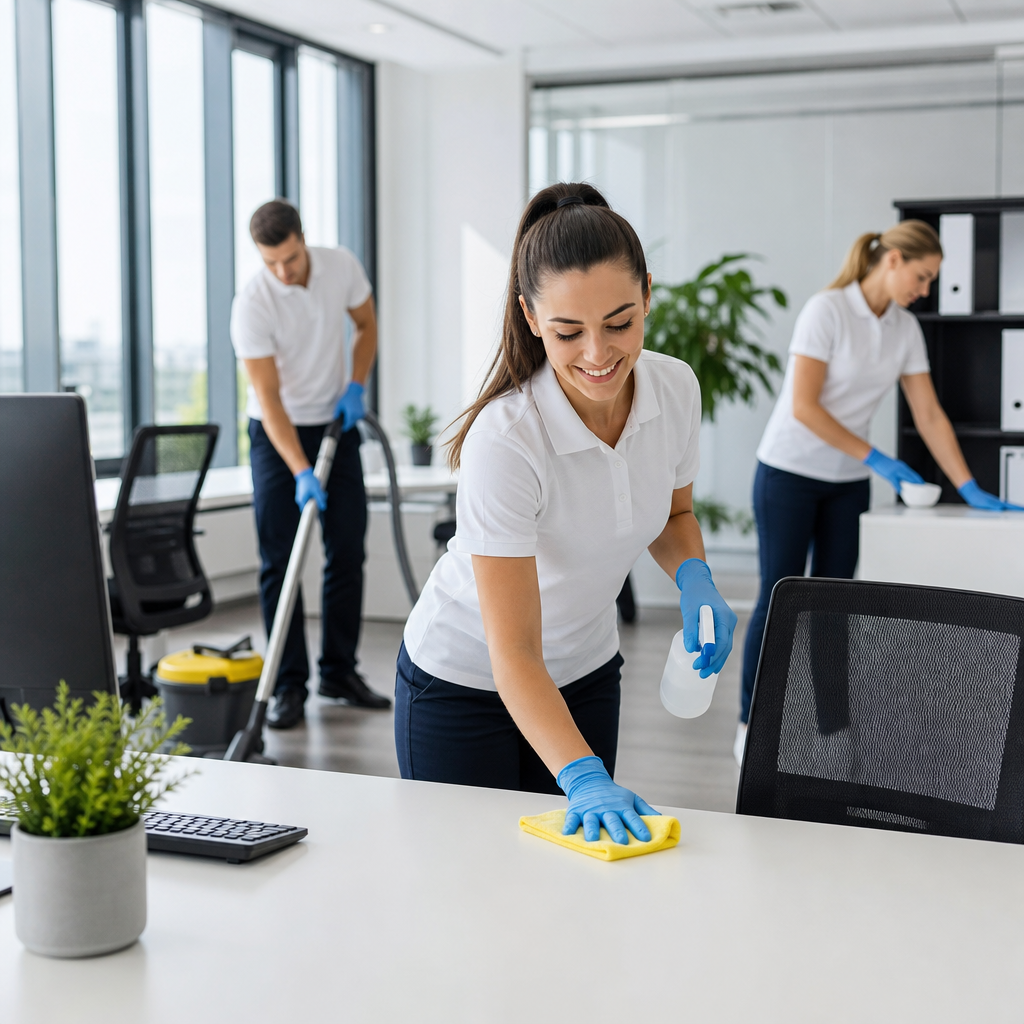 Professionelles Reinigungsteam bereitet einen hellen modernen Bürobereich hygienisch vor