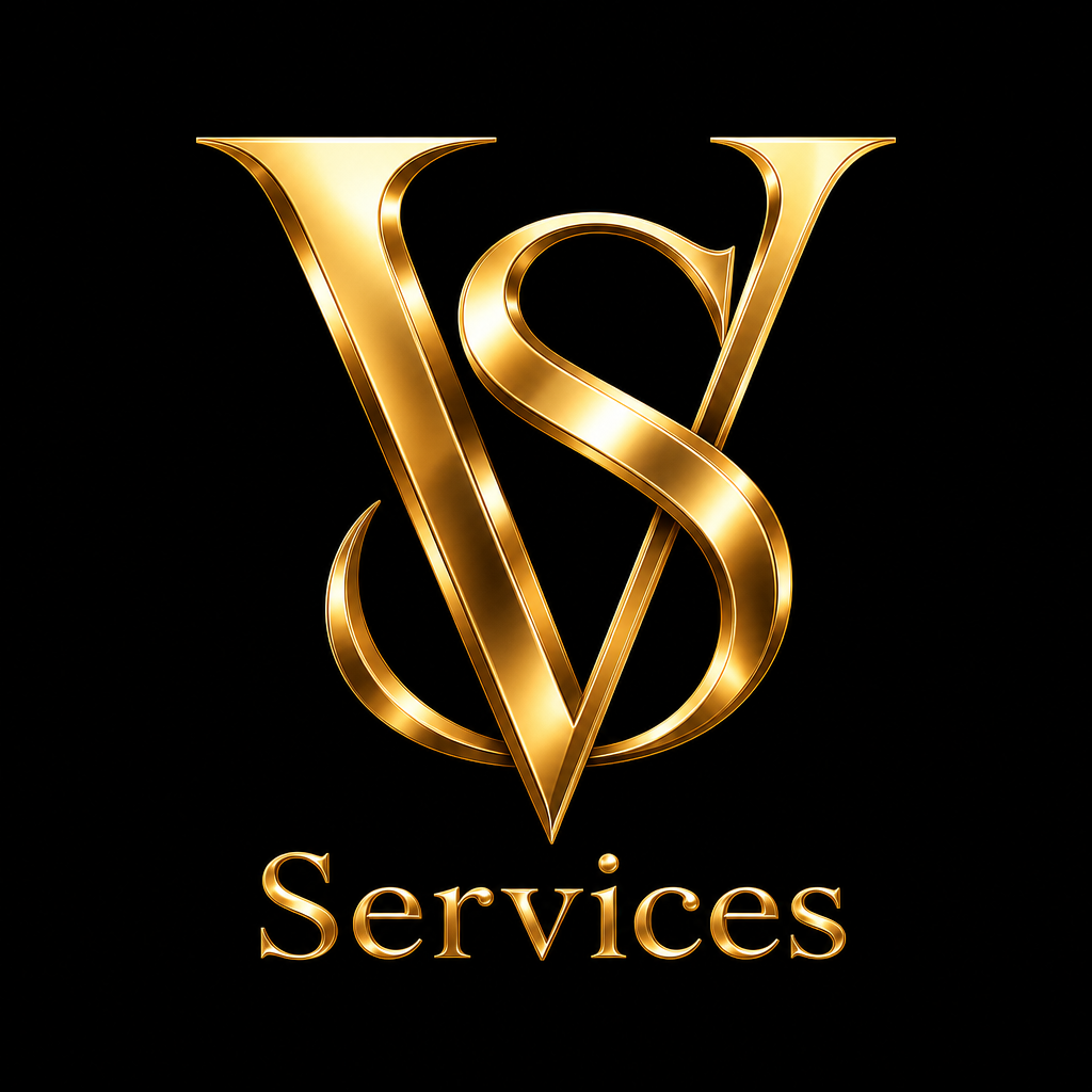 Premium VS monogram with intensely metallic polished gold letterforms, brighter highlight bands, deeper gold gradient contrast, and luminous upscale shine with Services beneath in matching rich glossy gold