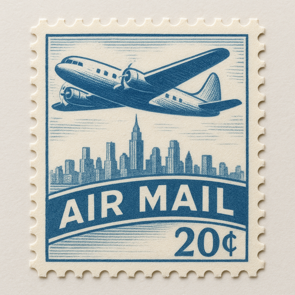 Vintage transport airmail stamp featuring a propeller airplane