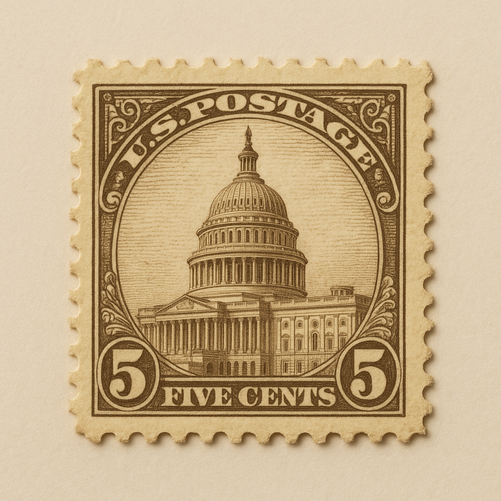 Sepia historical postage stamp depicting a capitol building