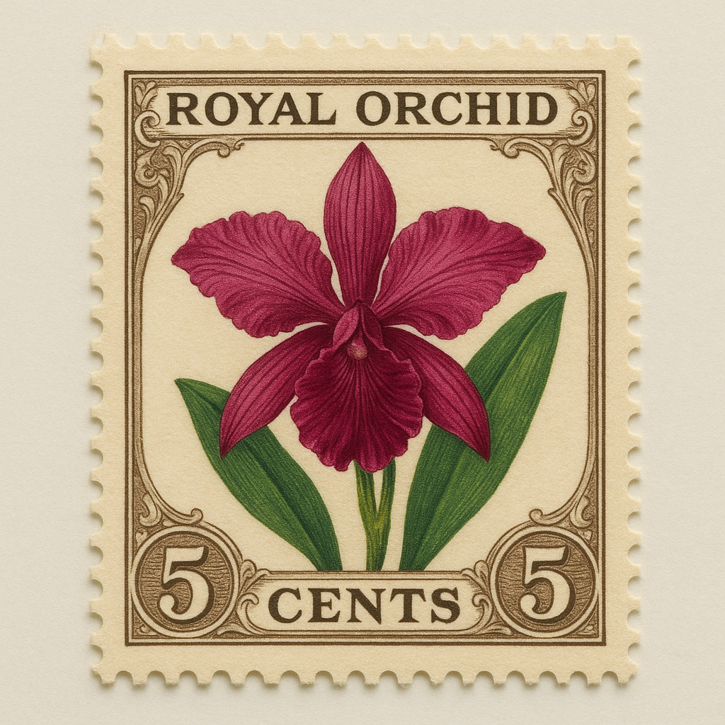 Vintage floral postage stamp featuring a royal orchid illustration