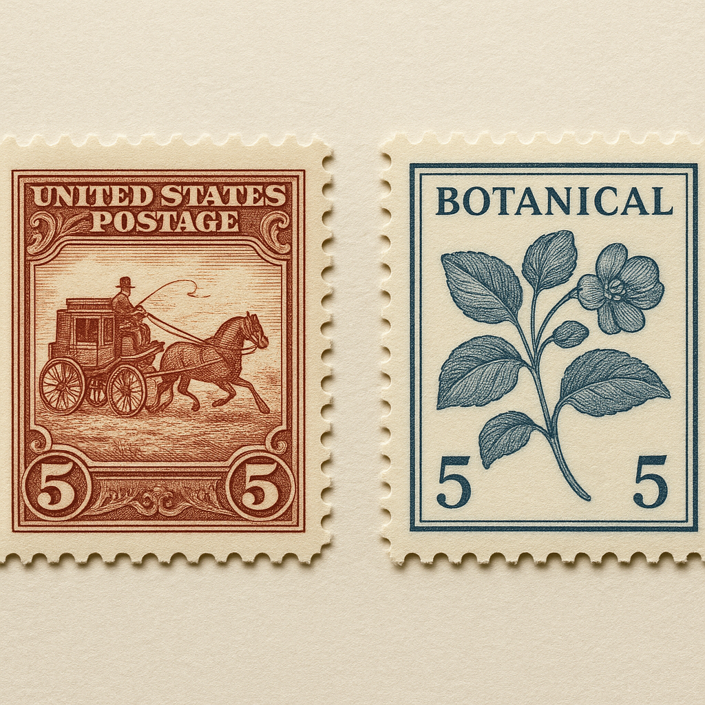 Two themed postage stamps with rich colors displayed on a textured archival paper