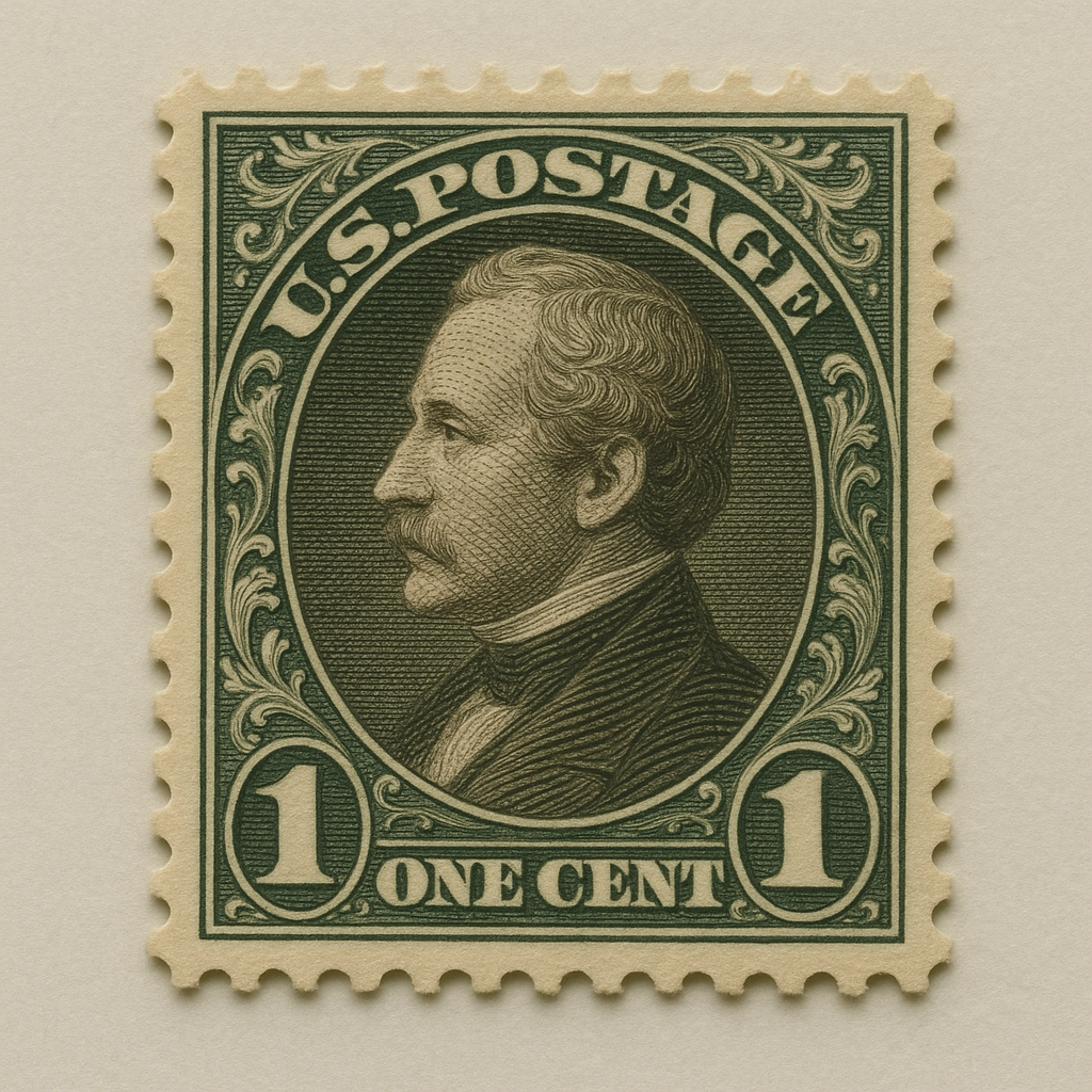 Close-up of a vintage engraved postage stamp with intricate border detailing