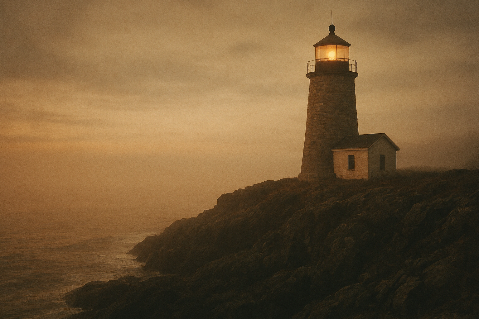 Restored archival photograph of a stone lighthouse standing on dark coastal cliffs at dusk under soft amber fog