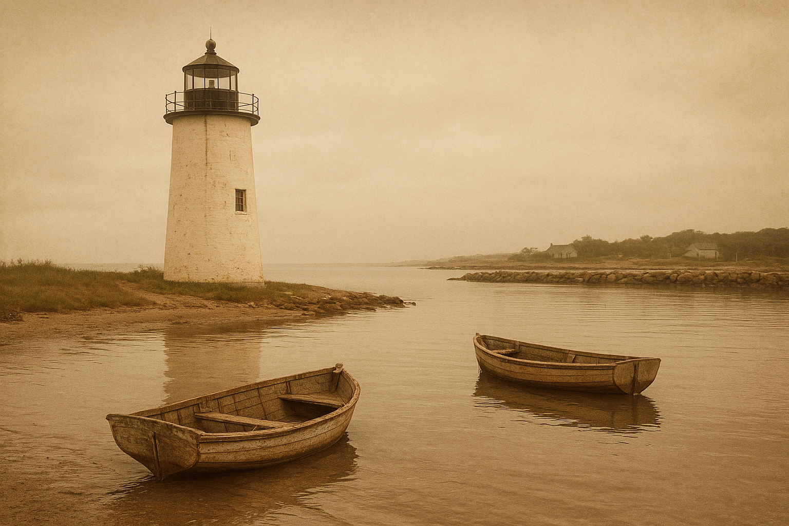 Warm-toned historical image of a white cylindrical lighthouse near a small harbor with low wooden boats and tide ripples