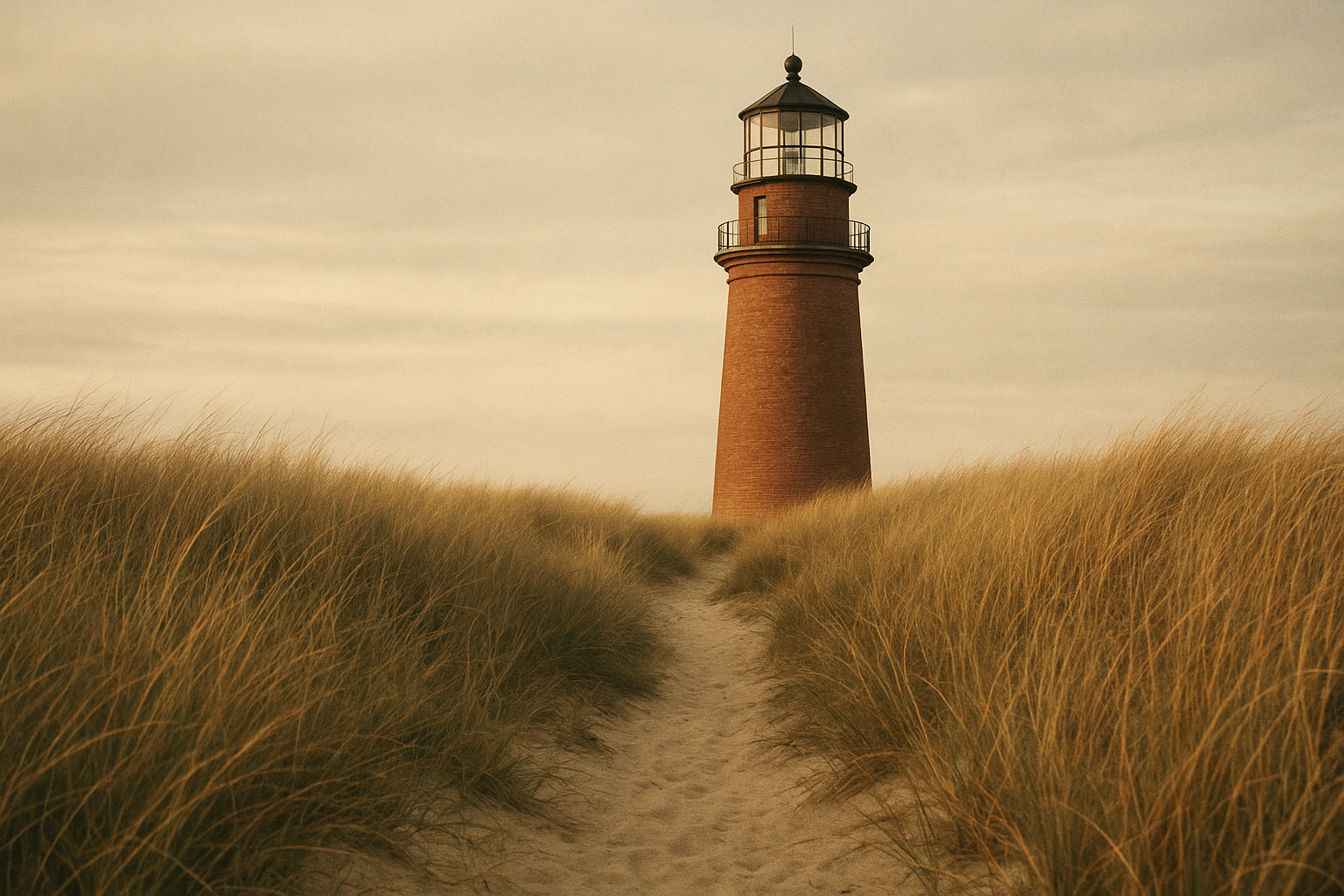Aged coastal archive image showing a red-brick lighthouse beyond dune grass with a narrow keeper footpath in foreground