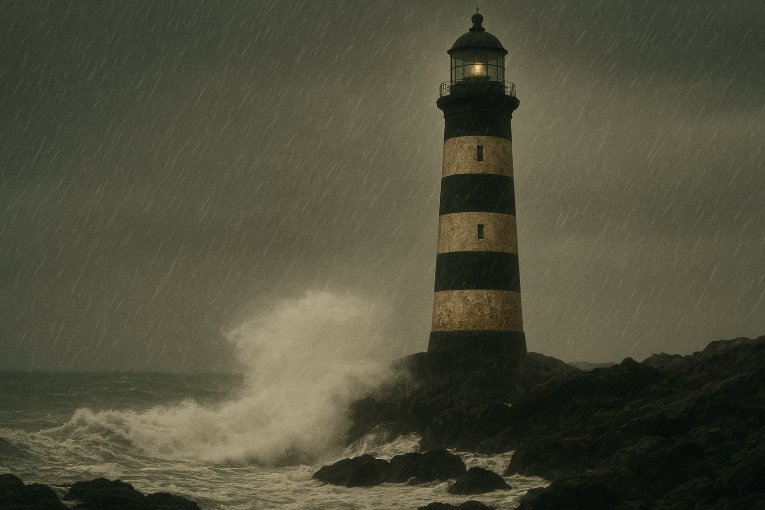 Film-like photograph of a tall black-and-cream striped lighthouse in windy rain with rough surf breaking across rocks