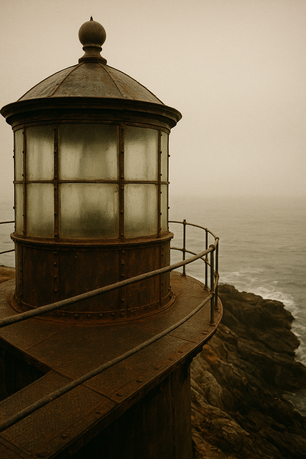 Close archival view of a weathered lighthouse lantern room and adjoining keeper walkway above a rocky northern shoreline