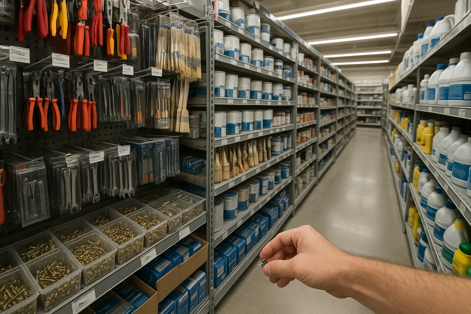 Organized hardware store aisle with labeled shelves of tools and paint supplies while a shopper selects boxed fittings