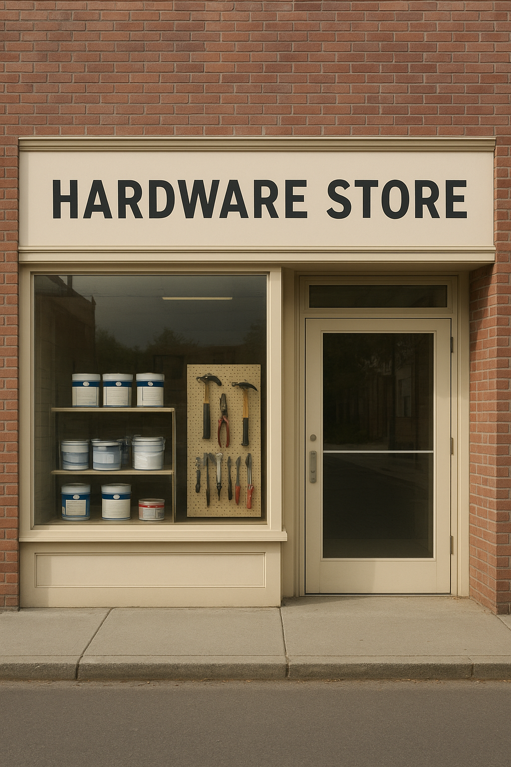 Tidy neighborhood hardware storefront with a welcoming entrance and visible tools-and-paints display near the front