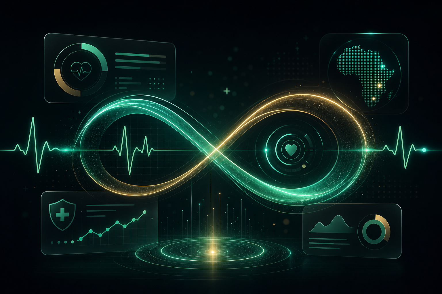 Premium abstract healthtech illustration with looped pulse lines and diagnostic interface motifs