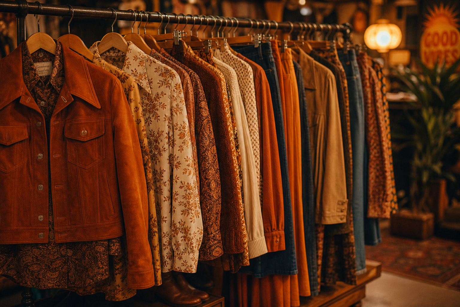 Warmly lit vintage clothing rack with suede jackets, patterned blouses, and flared trousers in earthy tones