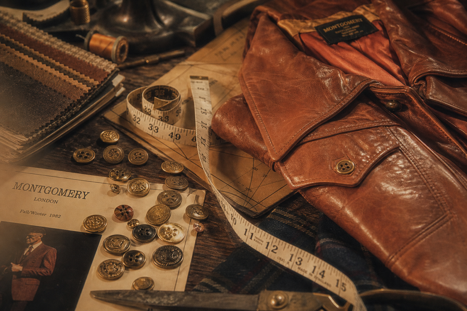 Close-up of a vintage tailoring table with brass buttons, a measuring tape, and a caramel leather jacket