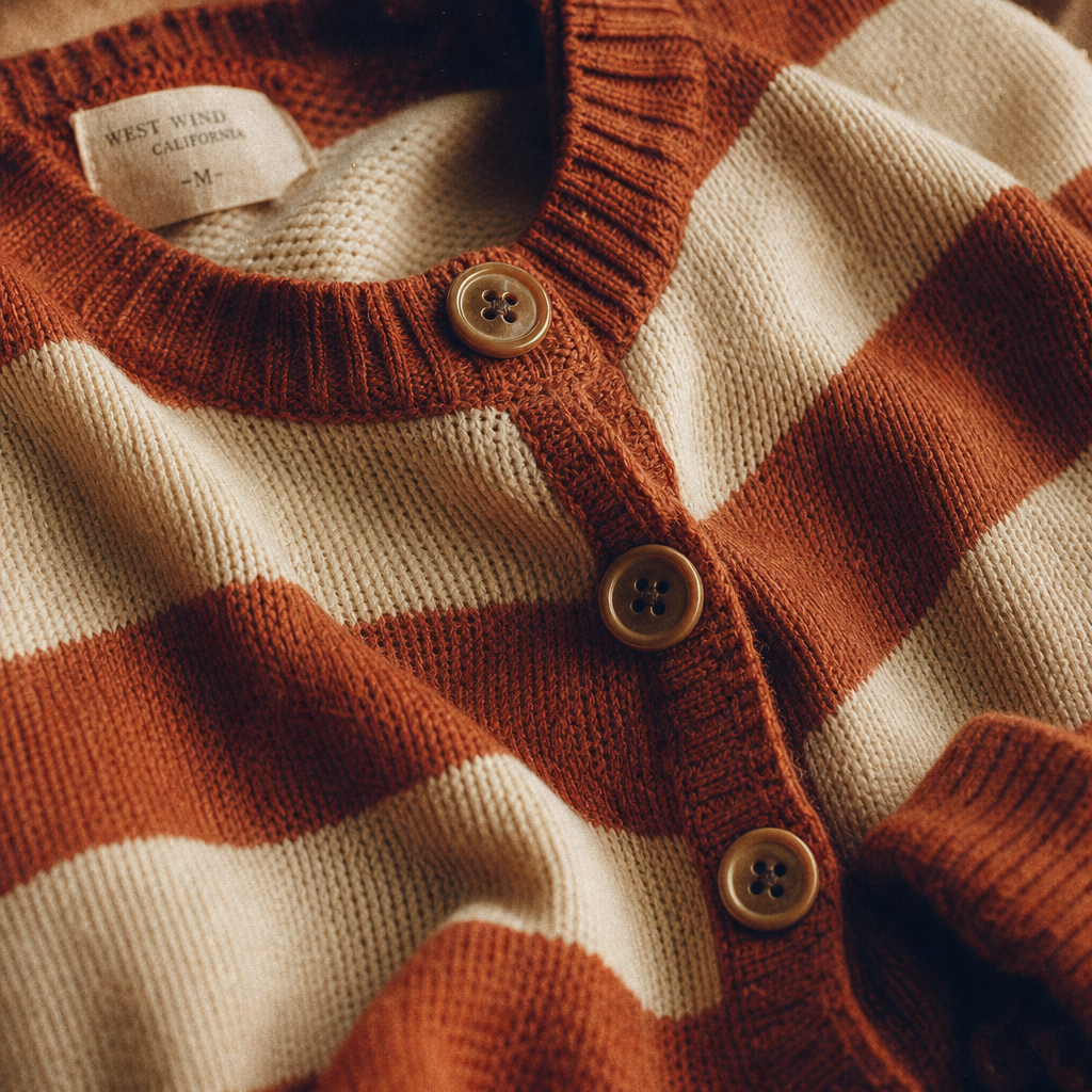 Close-up of a rust and cream striped retro knit sweater with textured weave and vintage buttons