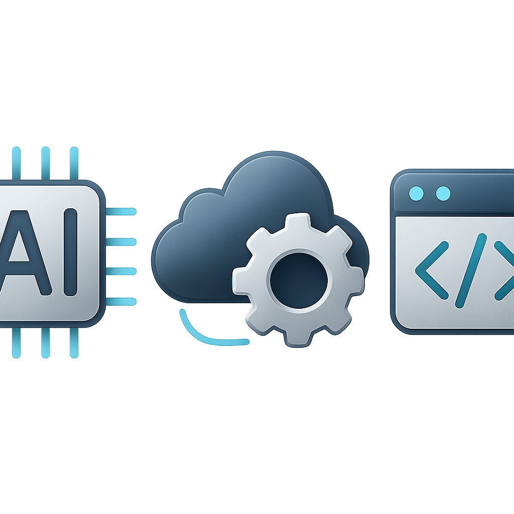 Abstract icons representing AI, cloud, and software technology