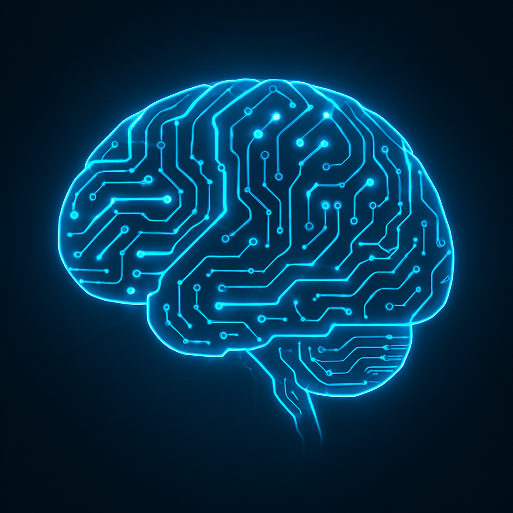 Futuristic AI brain with glowing circuits, electric blue and neon cyan highlights, modern tech style