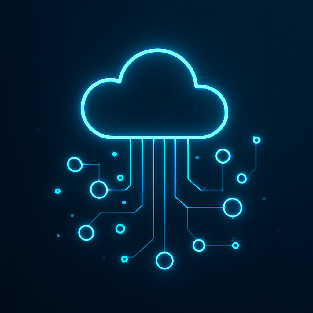 Cloud technology graphic with digital nodes, electric blue, neon cyan accents, sleek IT look