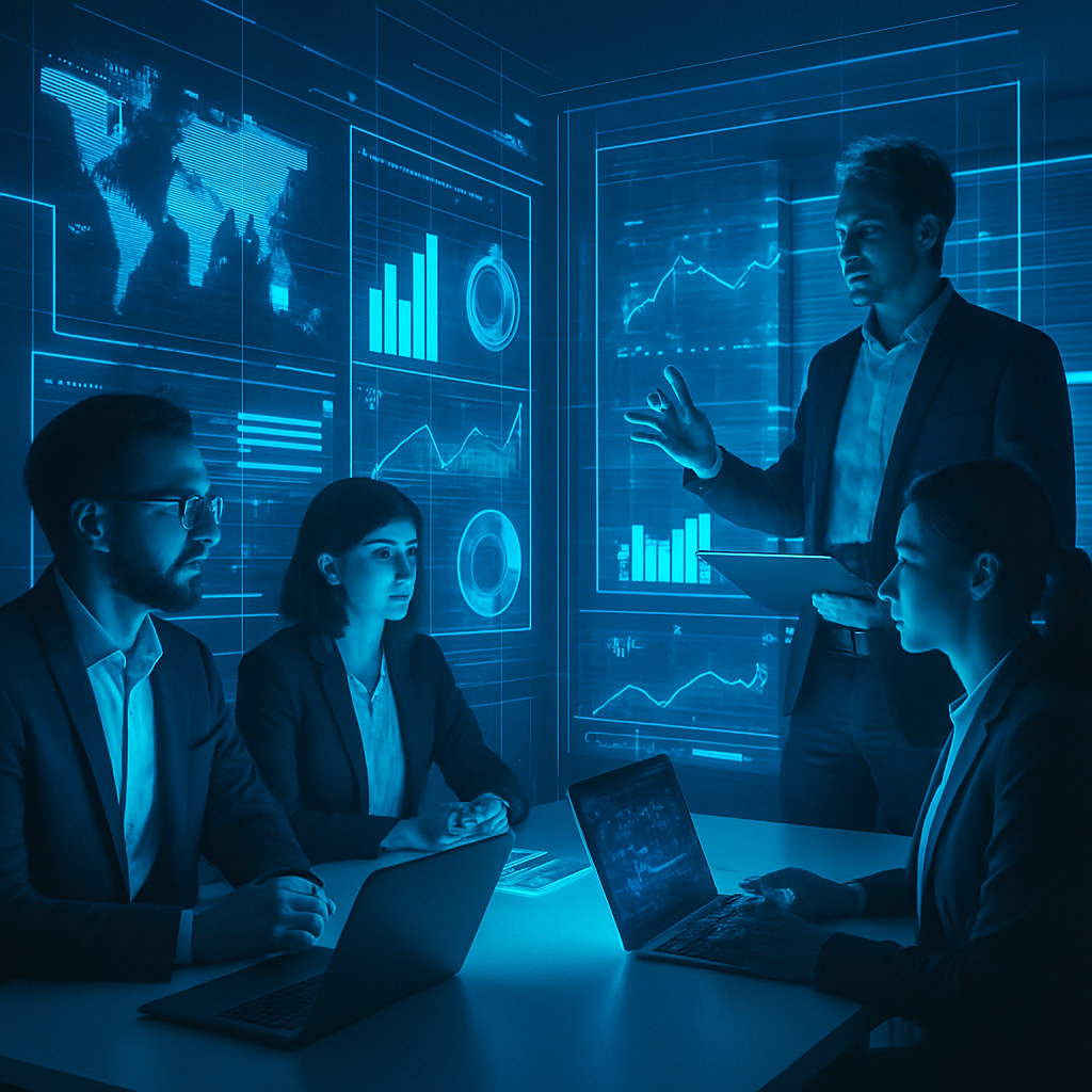 Modern IT consulting meeting with holographic data, electric blue and neon cyan, tech-forward design