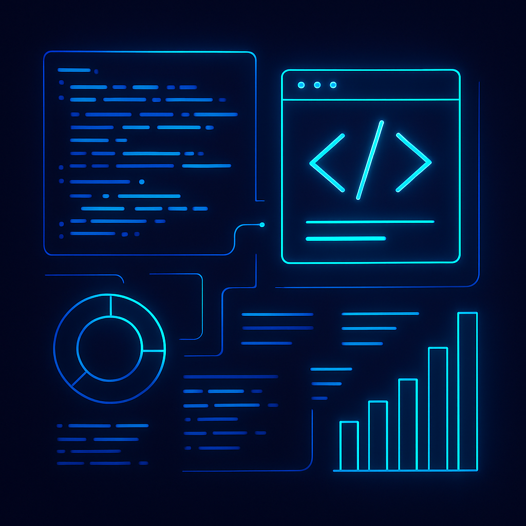 Futuristic abstract software development visualization, dark navy background, electric blue/cyan code and UI elements