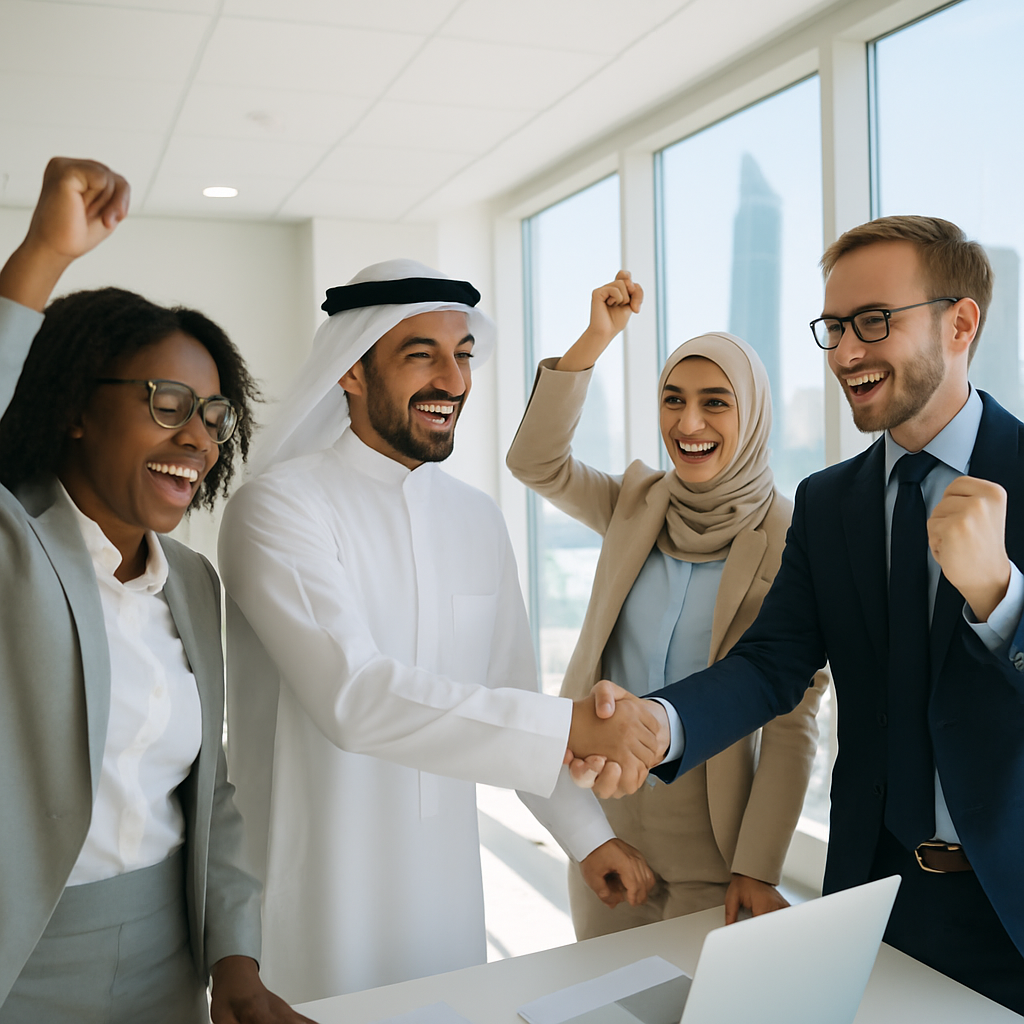 Diverse group of business people celebrating a successful deal in a bright, modern office in Bahrain