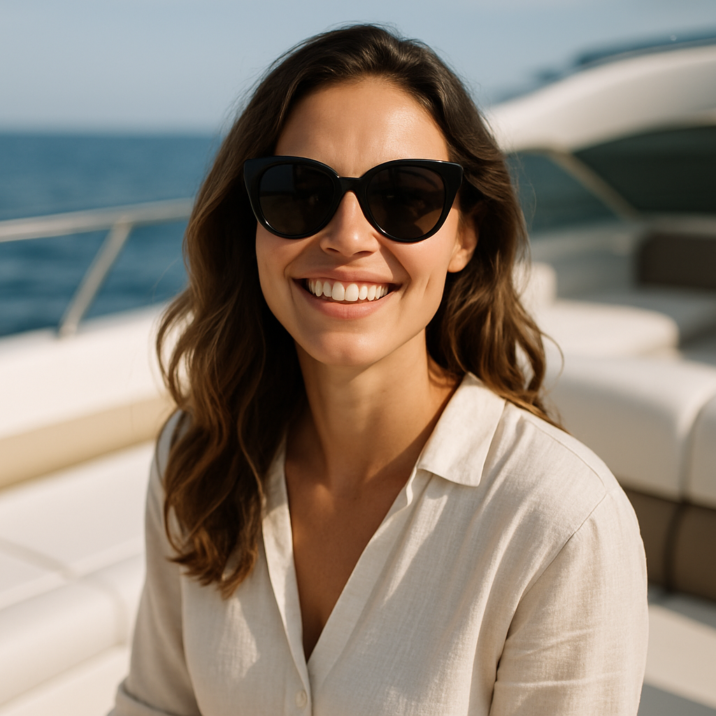 Portrait of a smiling woman in sunglasses on a yacht