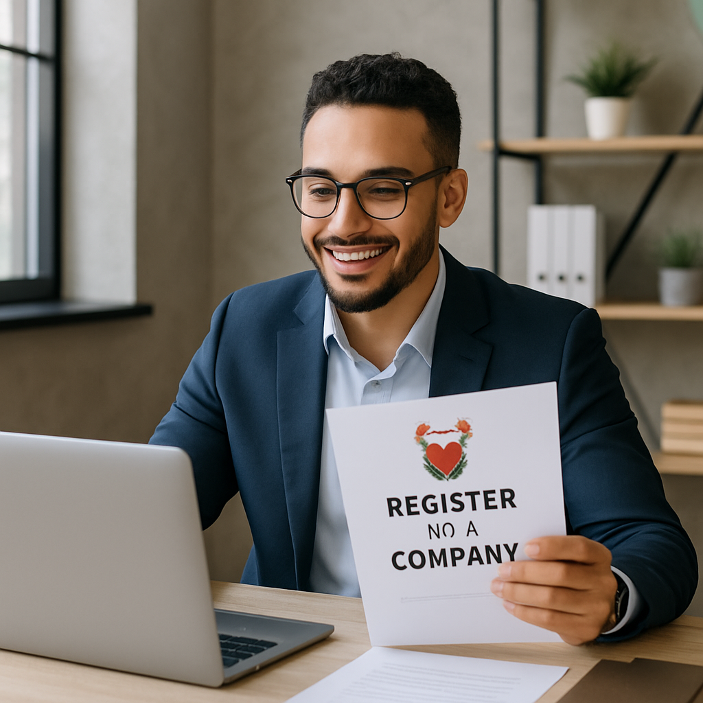 Entrepreneur registering a company online in Bahrain, smiling at a laptop with official documents